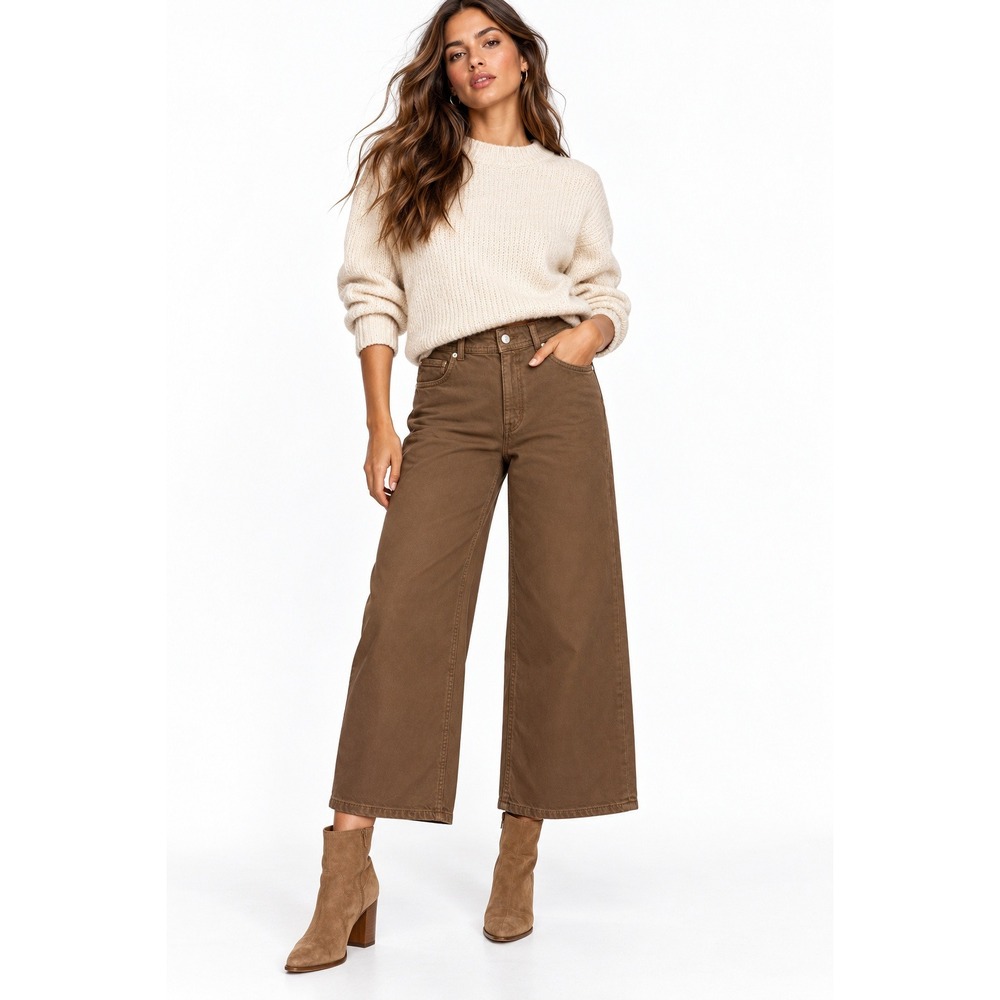 H&M Women Brown High Waist Wide Leg Cropped Pants Size 10 NWT